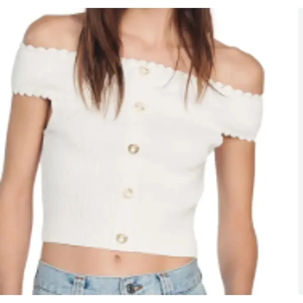 Sandro White Rib Knit Off the Shoulder Crop Top w/ Gold Buttons sz 2 (M) - Picture 1 of 4